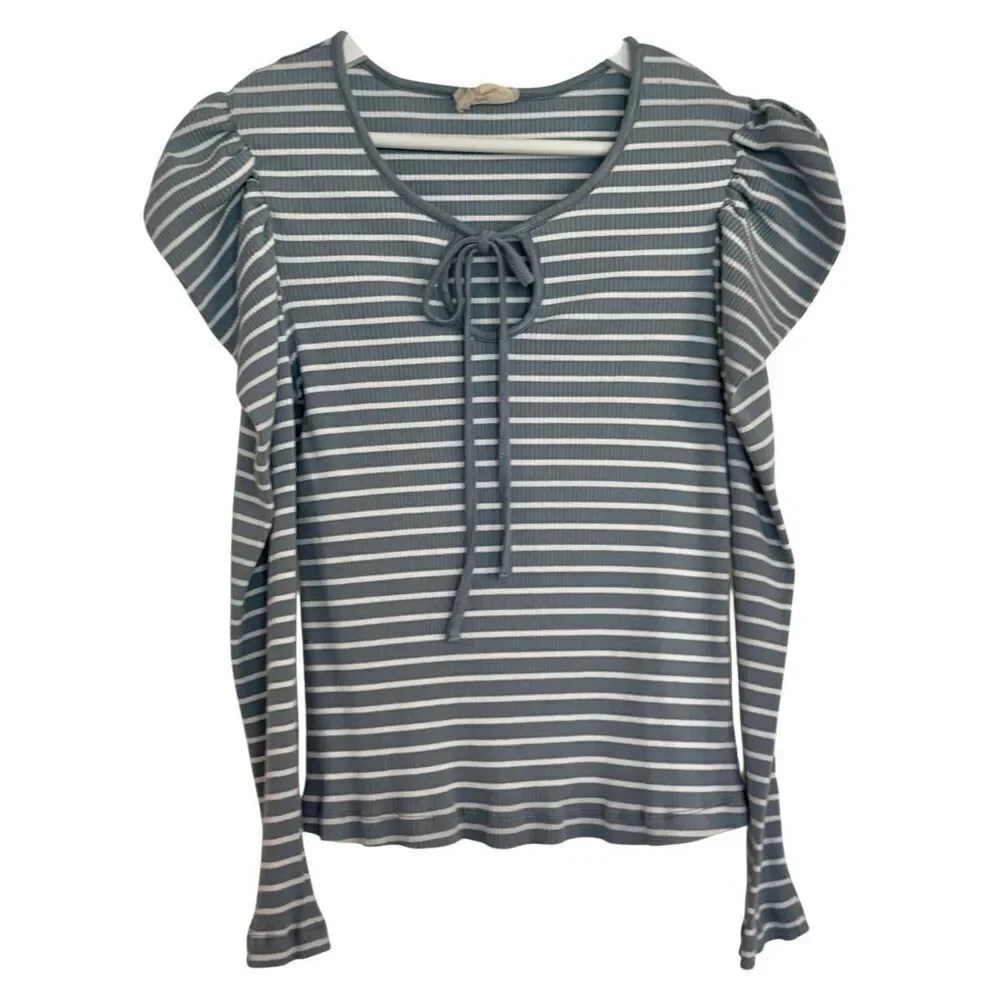Anthropologie Porridge striped puff sleeve tie neck blouse xl
